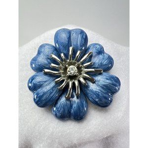 Vintage 1980s Brooch Lapel Pin Flower Blue Enamel Rhinestones Silver Tone Heavy